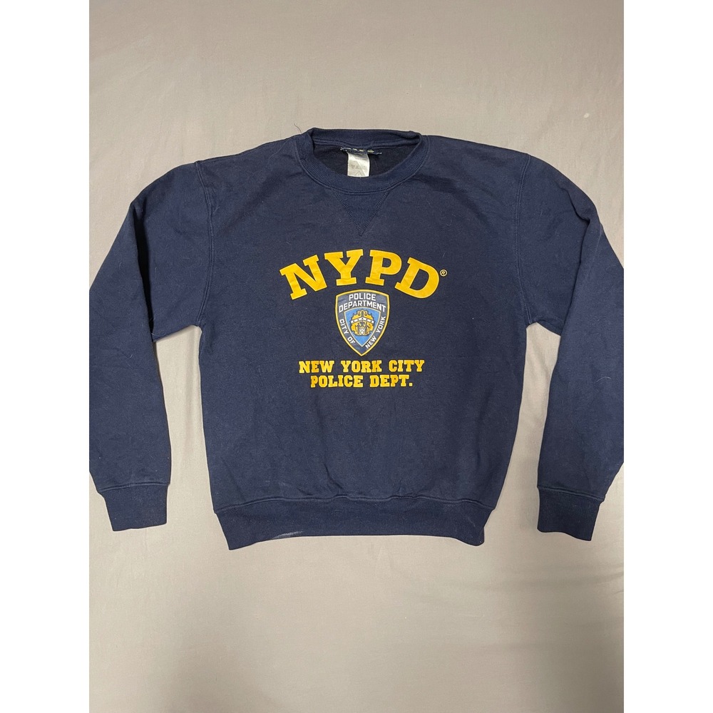 NYPD Crewneck Sweatshirt Navy Blue Yellow Spellout Mens Small Torkia NYC Police